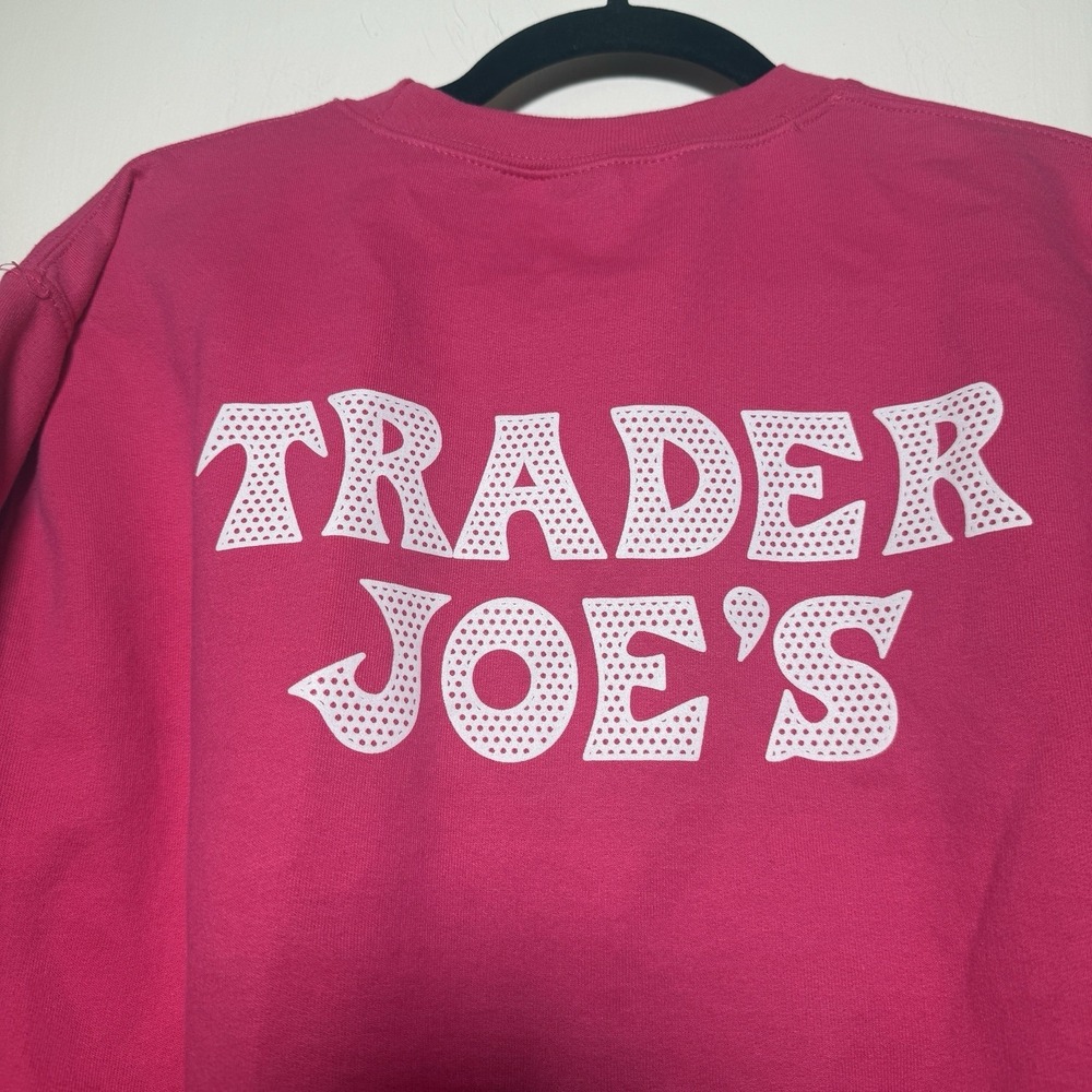 Trader Joe's Logo Pink Fleece Crewneck Pullover Sweater Unisex S - Picture 2 of 6